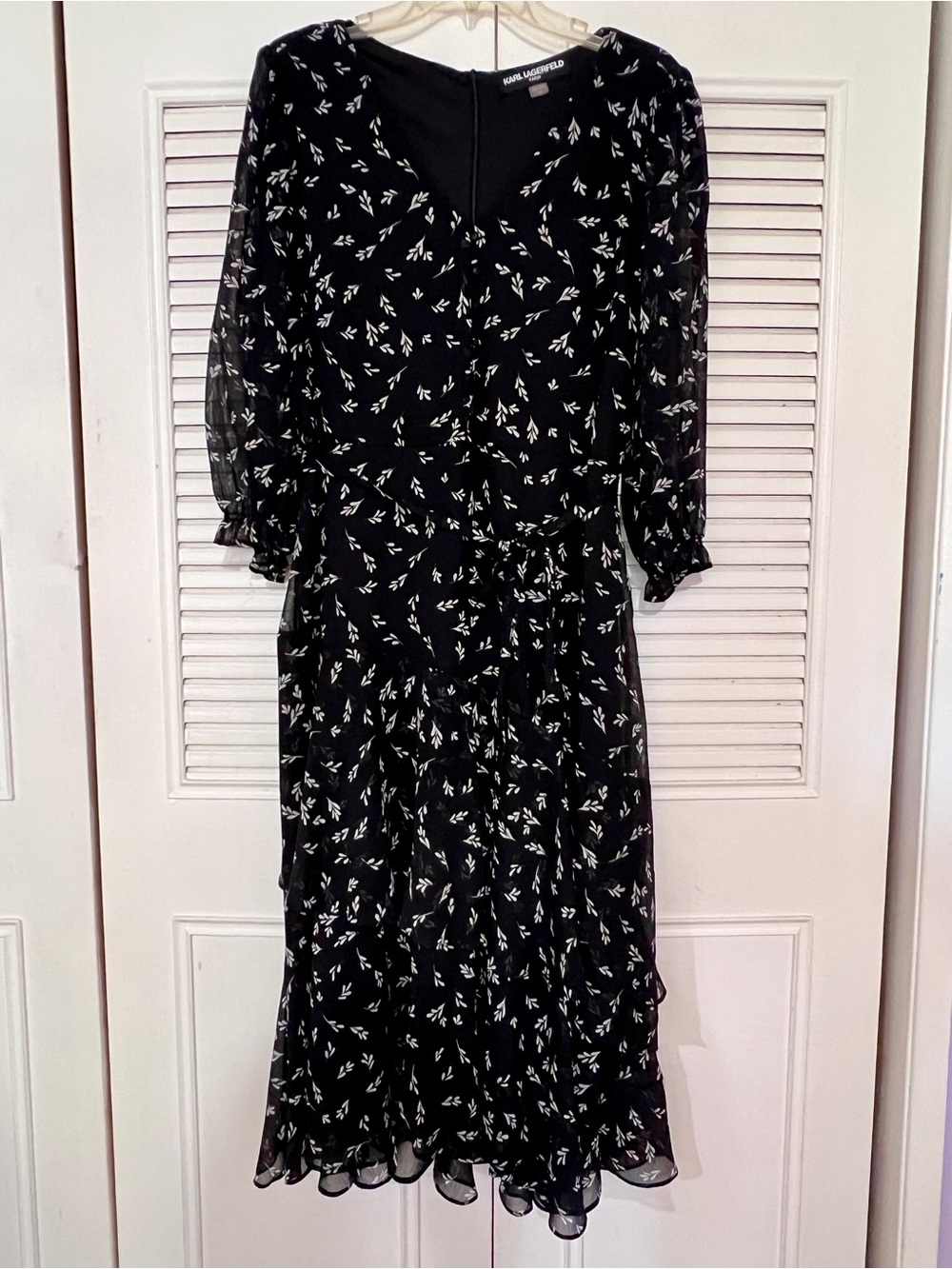 Karl Lagerfeld Black Midi Dress with White Leaf Print